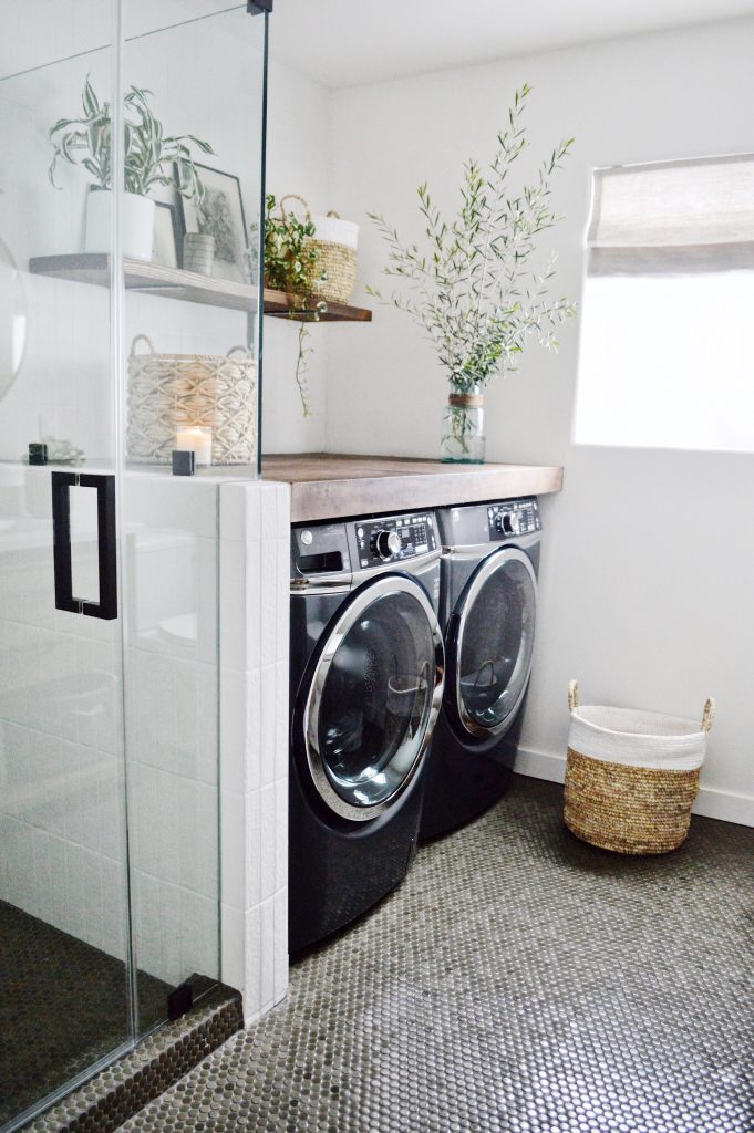 laundry: GE appliances and Bedrosians penny tile in shale